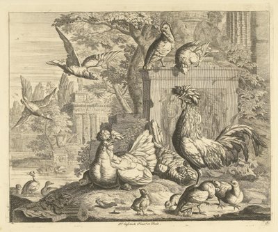 Gallo, gallina con pollitos y otras aves en un jardín con ruinas antiguas Aves diferentes (título de la serie) de Peter Casteels (III)