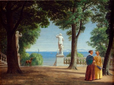 Vista hacia Kullen desde una terraza ajardinada con estatuas (óleo sobre lienzo) de Peter Christian Skovgaard