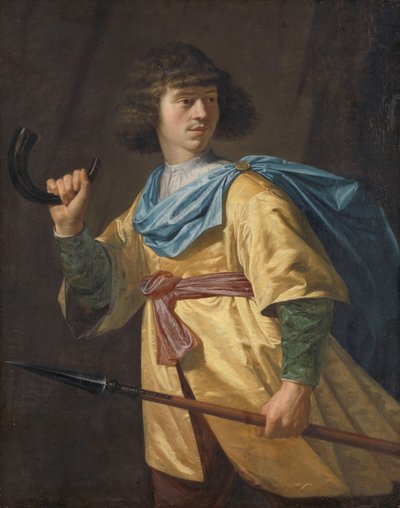 Retrato de un joven con una jabalina y un cuerno de caza de Peter Danckerts de Rij