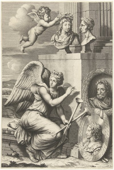 Fama sentada junto a retratos de gobernantes con coronas de laurel de Peter Dannoot