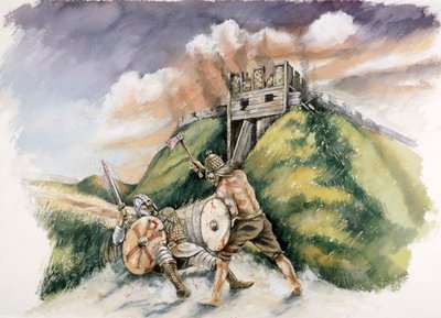 Cynric luchando contra los britanos en Old Sarum, 552 d.C., c. 1990-2010 de Peter Dunn