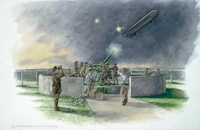 Batería de Lodge Hill, disparando a un zepelín alemán durante la Primera Guerra Mundial de Peter Dunn