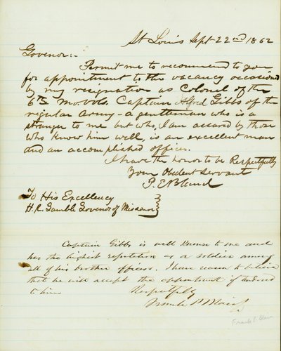 Carta firmada P.E. Bland, St. Louis, a H.R. Gamble, Gobernador de Missouri, 22 de septiembre de 1862 de Peter E. Bland
