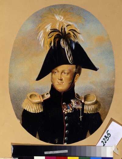 Retrato del zar Alejandro I Pavlovich (1777-1825) (Retrato del emperador Alejandro I) luciendo diversos honores, entre ellos la cruz de cinta negra y dorada de la orden imperial y militar de San Jorge (1º izquierda), la cruz de cinta roja de la orden imper de Peter Ernst Rockstuhl