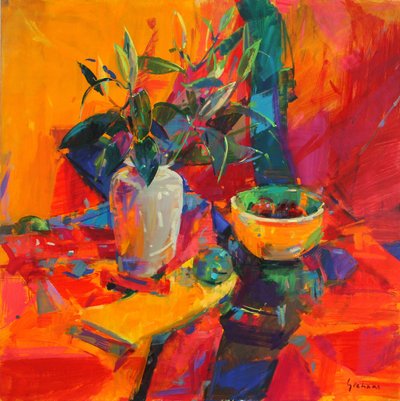 Lirios sobre fondo rojo, 2012 de Peter Graham (Contemporary)