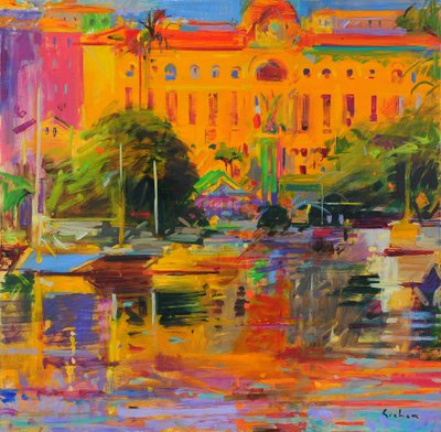 Riviera Reflections-Cannes, 2022 (óleo sobre lienzo) de Peter Graham (Contemporary)