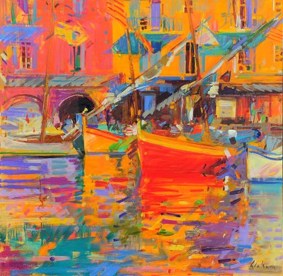 Reflejos del puerto, Cote du Midi, 2021 (óleo sobre lienzo) de Peter Graham
