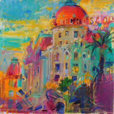 Promenade des Anglais, puesta de sol, 2023 (óleo sobre lienzo) de Peter Graham