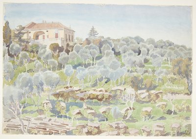 Ladera de montaña con olivos y una villa de Peter Hansen