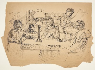 La familia del artista sentada alrededor de una mesa con una lámpara de petróleo de Peter Hansen