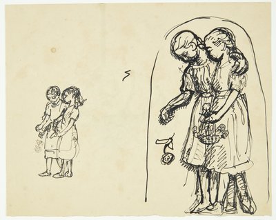 Dos niñas pequeñas esparciendo flores. Dos bocetos en la misma hoja de Peter Hansen