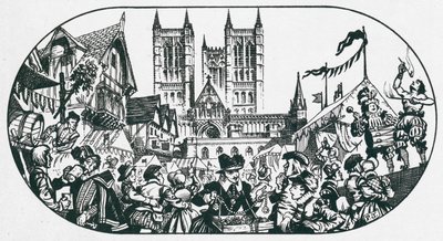 Una feria en una calle frente a la catedral de Lincoln (litografía) de Peter Jackson