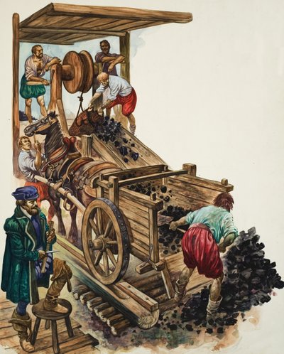 Un contador anota cuántas cargas de carbón salen de la mina mientras un minero llena un carro y otros izan más a la superficie (gouache sobre papel) de Peter Jackson