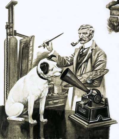 Artista pintando al perro escuchando un gramófono de Peter Jackson