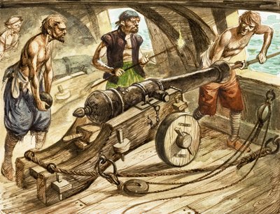 Tripulación de cañón a bordo de un barco de vela de Peter Jackson