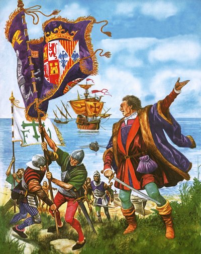 Cristóbal Colón plantando el estandarte real español en la tierra recién descubierta de América de Peter Jackson