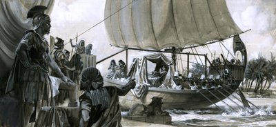 Cleopatra en su barcaza (gouache sobre papel) de Peter Jackson