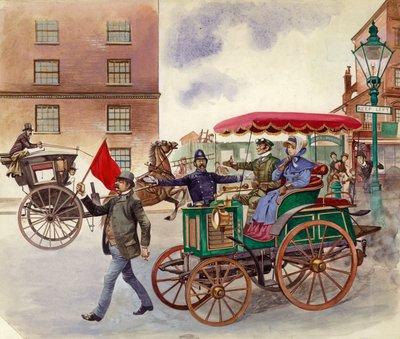 Coche antiguo, con hombre con una bandera de Peter Jackson