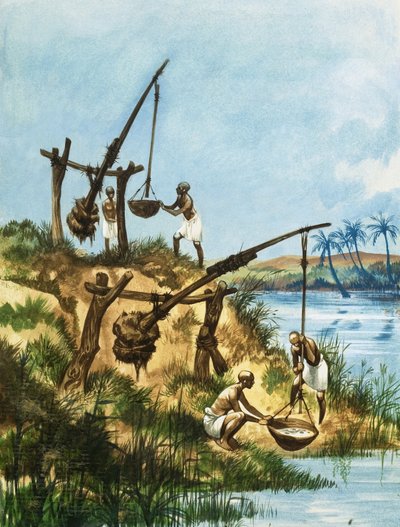 Primeros egipcios usando un sistema de pesos y palos llamado shadoofs para sacar agua del Nilo de Peter Jackson