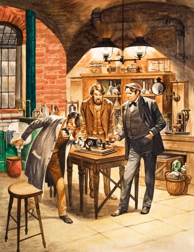 Edison demostrando el primer fonógrafo en su laboratorio de Peter Jackson
