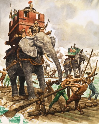 Aníbal y sus elefantes cruzando un río en balsa de Peter Jackson