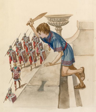 Julio César de niño, observando a los soldados romanos regresar de la batalla de Peter Jackson