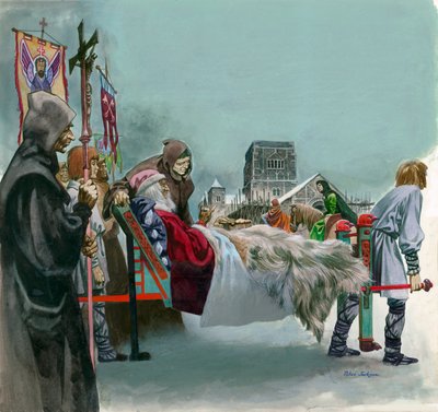El Rey Eduardo, luego San Eduardo el Confesor, observa la construcción de la Abadía de Westminster desde una litera donde yace enfermo de Peter Jackson
