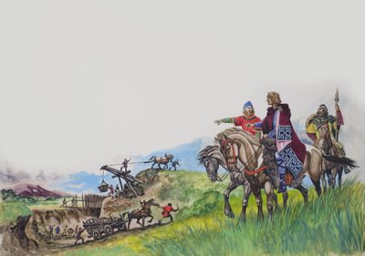 El rey Offa (757-96) observa la construcción de su dique (gouache sobre papel) de Peter Jackson