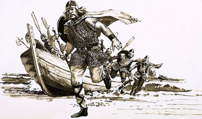 El Rey Vortigern trajo a dos jefes bárbaros - Hengest y Horsa - a Gran Bretaña (gouache sobre papel) de Peter Jackson