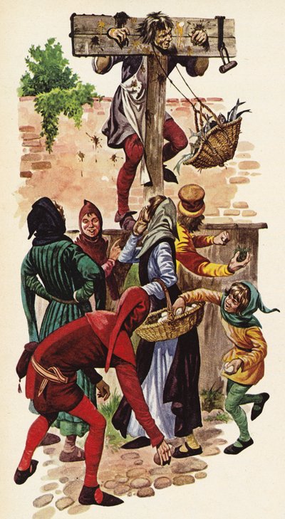 Hombre en picota siendo apedreado con huevos podridos por los aldeanos de Peter Jackson