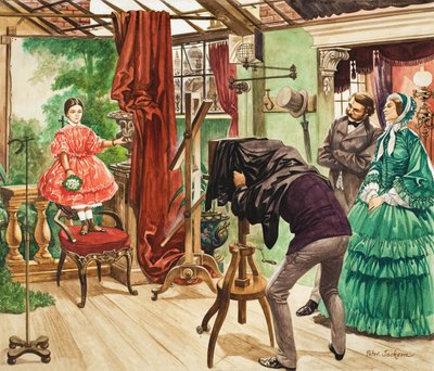 Sesión fotográfica del siglo XIX (gouache sobre papel) de Peter Jackson