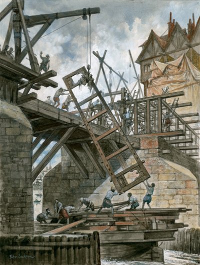 Casa Nonesuch siendo erigida en el viejo Puente de Londres de Peter Jackson