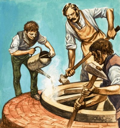 Érase una vez... la vida en el pueblo hace cien años. Ruederos poniendo el borde de hierro en una rueda de Peter Jackson