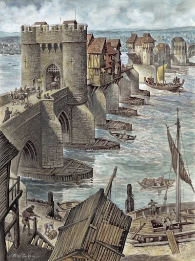 Reconstrucción mostrando el Puente de Londres Antiguo unos años después de su construcción, mirando al noroeste de Peter Jackson
