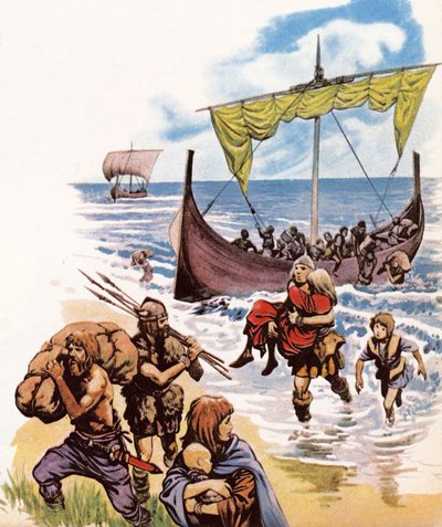 Sajones llegando a Gran Bretaña en los barcos largos desde Alemania de Peter Jackson