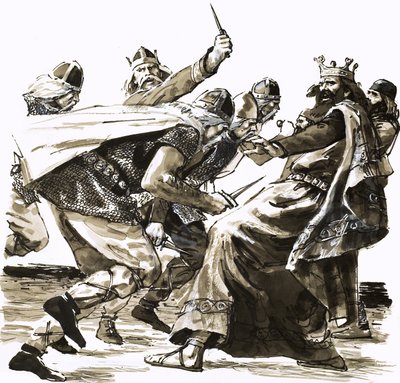 La muerte del rey Vortigern, ilustración de "Invasores del mar". de Peter Jackson