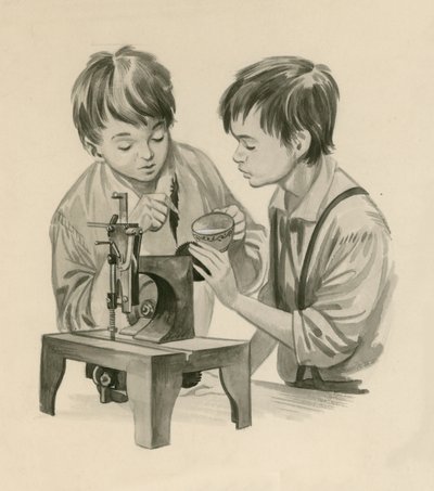 Los hermanos Wright de niños, echando agua en la máquina de coser con una pluma de Peter Jackson