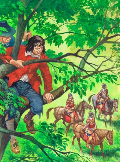 El futuro rey Carlos II escondido en el roble Boscobel (gouache sobre papel) de Peter Jackson