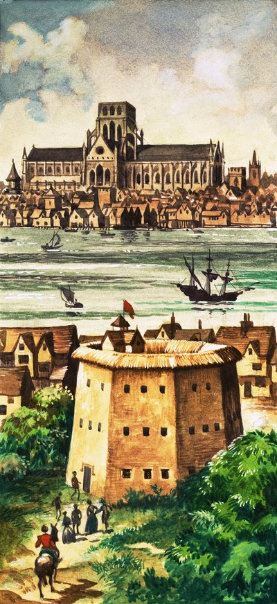 El exterior del Teatro Globe junto al río en Bankside de Peter Jackson