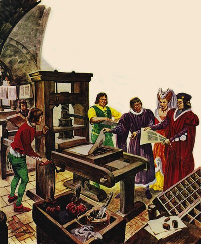 William Caxton mostrando su imprenta al Rey Eduardo IV y su Reina, Isabel de Peter Jackson