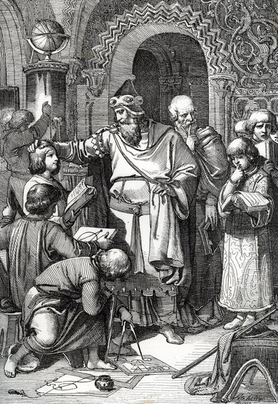 Emperador Carlomagno (742-814) fundador de la escuela reunión de niños" (El emperador Carlomagno se reúne con los niños, su interés por la educación y el aprendizaje y el mecenazgo de los eruditos ha hecho que se le considere el patrón de las escuelas) Dib de Peter Johann Nepomuck Geiger