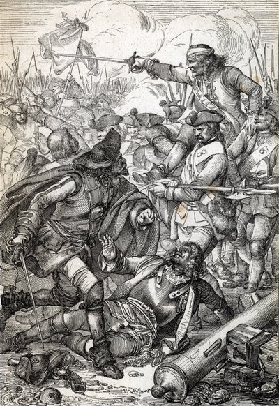 Gran Guerra del Norte: "The Battle of Poltava (or Pultawa) between the Armee of Peter I of Russia and the troops of Charles XII of Sweden, 8/07/1709" (Gran Guerra del Norte: Batalla de Poltava, 8 de julio de 1709) Dibujo a pluma de "Historische Memorabilia de Peter Johann Nepomuck Geiger