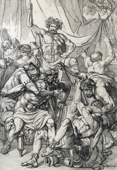 Heptarquía: "representación del líder anglosajón Hengist (siglo V) matando a sus enemigos para fundar el reino de Kent, hacia 461" (Saxon heptarchy: El líder anglosajón Hengist (o Hengest) matando a sus enemigos durante la invasión de Bretaña, 461 ca) Fea de Peter Johann Nepomuck Geiger