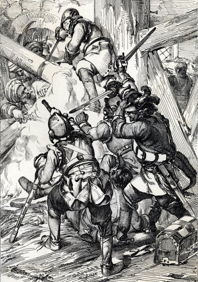 El rey Carlos (o Carl) XII de Suecia (1682-1718) defendiéndose contra los turcos en Bender (Bendery) febrero de 1713, Moldaie (El rey exiliado Carlos (Carl) XII de Suecia defendiéndose contra las turbas y los jenízaros otomanos, Bender, febrero de 1713) Di de Peter Johann Nepomuck Geiger