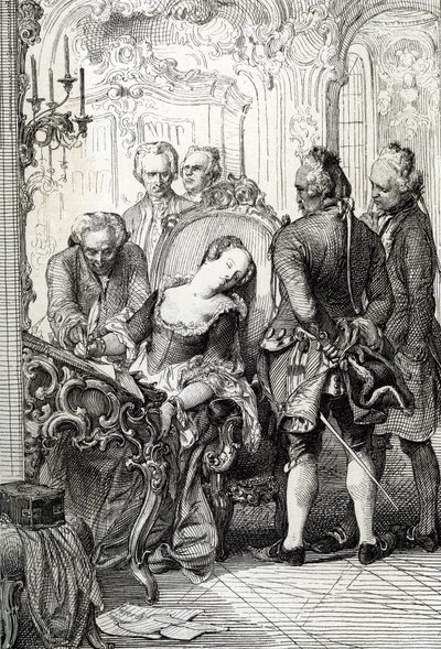 La reina Carolina Matilde (Caroline-Mathilde) de Dinamarca (1751-1775) obligada a firmar los documentos de divorcio tras su aventura extramatrimonial en 1772 (La reina de Dinamarca Carolina Matilde firmando los papeles de divorcio en abril de 1772 por adul de Peter Johann Nepomuck Geiger
