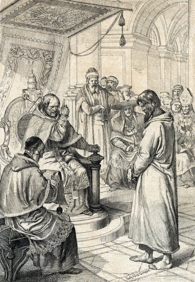 Querilo de las investiduras, penitencia de Canossa: En Canossa, el emperador Enrique IV del Sacro Imperio Romano Germánico (1050-1106), vestido de penitente, implora el perdón del papa Gregorio VII (Hildebrando: 1015/20-1085) haciendo honor a su enmienda e de Peter Johann Nepomuck Geiger