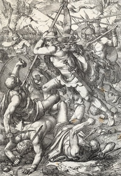 Representación de Pelage el conquistador (Pelagio o Pelayo) (fallecido en 737) rey de Asturias triunfante contra los sarracenos, 719, Covadonga, España (Rey Pelagio de Asturias noble visigodo que fundó el Reino de Asturias, luchando contra los moros, 719 C de Peter Johann Nepomuck Geiger