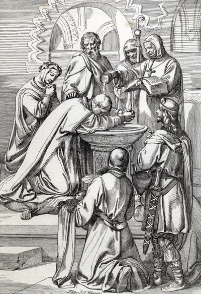Representación de San Agustín de Canterbury (fallecido en 604), enviado a Inglaterra por el Papa Gregorio Magno en 596 para convertir a los anglosajones - Se encuentra aquí ante Ethelbert, rey anglosajón de Kent (552? -616) al que bautizó en 597 (Agustín,  de Peter Johann Nepomuck Geiger