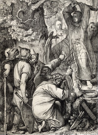 Representación de San Bonifacio de Maguncia (680-754) talando el roble de Thor para convencer a los druidas de que no es un árbol sagrado (San Bonifacio (Bonifacius) destruyendo el roble de Thor (Donar o roble de Jove) árbol sagrado de los paganos germánic de Peter Johann Nepomuck Geiger