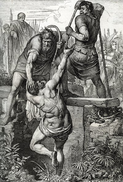 El emperador bizantino Zenón (425-491), de regreso a Constantinopla, hizo encerrar al usurpador Flavio Basilisco (Basilisco) con su familia, 477 (muerto de Basilisco encerrado en una cisterna seca, para morir expuesto, por el emperador romano Zenón, 477) D de Peter Johann Nepomuck Geiger